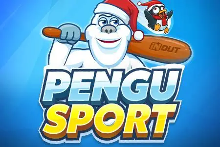 Cartoon penguin in Santa hat holding bat, Pengu Sport logo