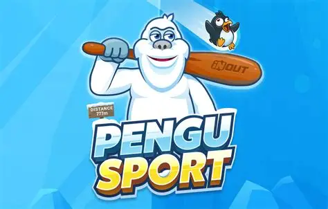 Polar bear holding bat with penguin flying above, Pengu Sport logo