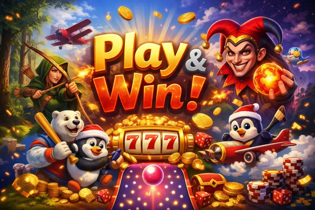 homepage hero image with forest archer, aviator plane, penguin sport, joker with flames, and plinko casino board
