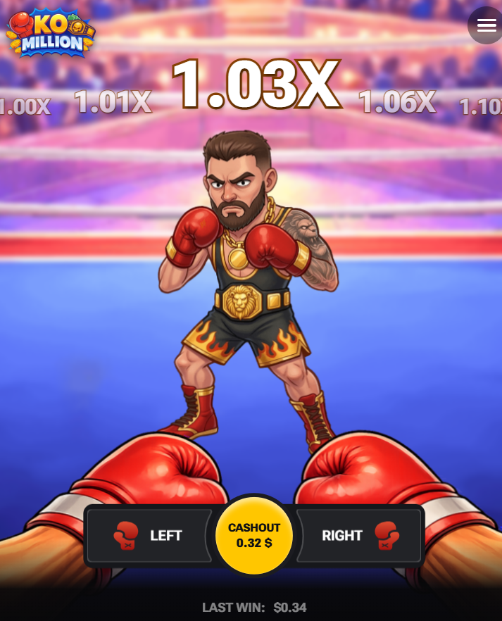 KO Million phone layout with Left, Right and Cashout buttons