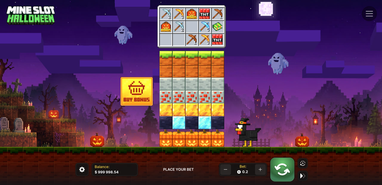 Main screen of Mine Slot Halloween with stacked blocks, mining tools and the Buy Bonus button