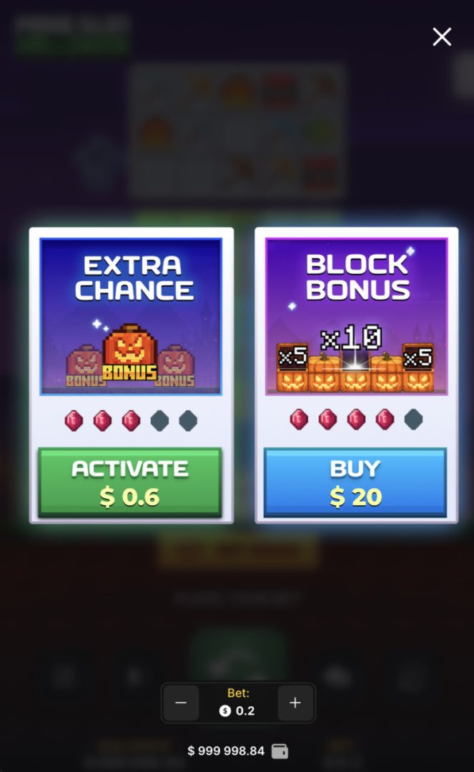 Vertical mobile view of the Mine Slot Halloween option window with Extra Chance and Block Bonus