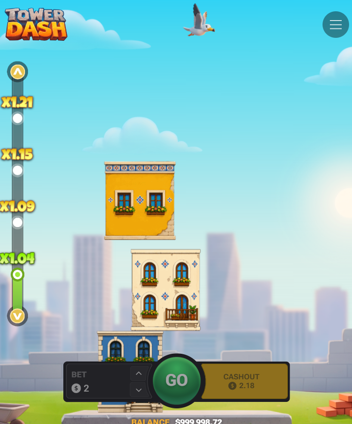 Tower Dash phone screen in portrait with Go and Cashout