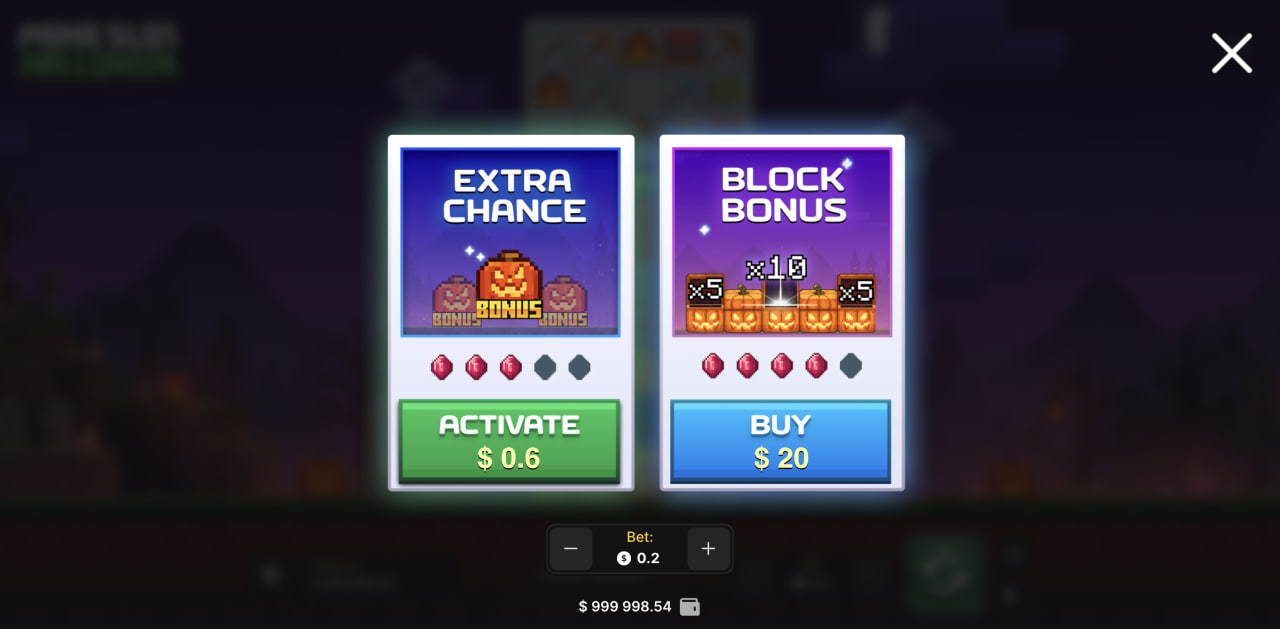 Desktop pop-up of Mine Slot Halloween with Extra Chance at $0.60 and Block Bonus at $20