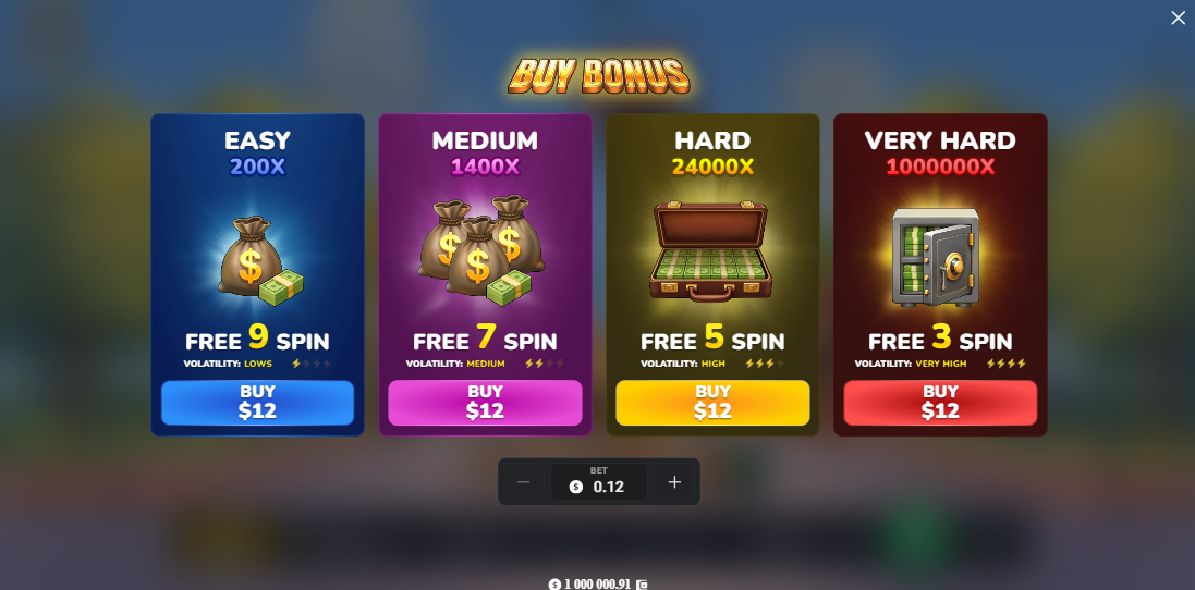 MegaBlock Empire Bonus Buy screen showing four free spins choices