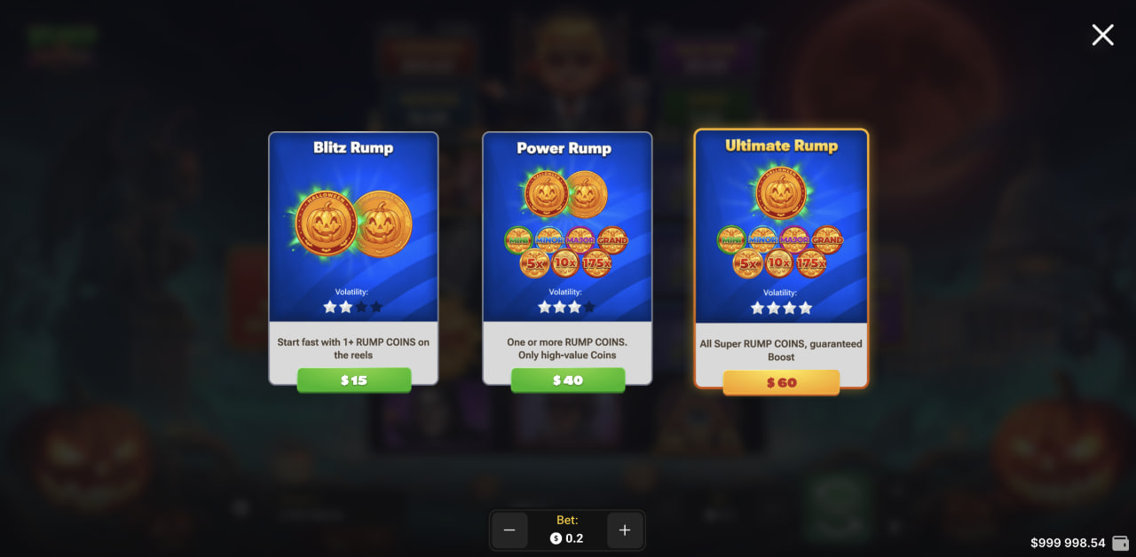 Desktop view of the three Rump & Halloween bonus options and their volatility stars