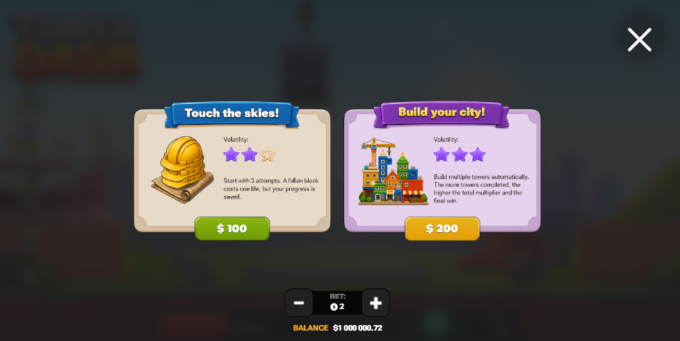 Tower Dash bonus purchase screen with Touch the skies and Build your city