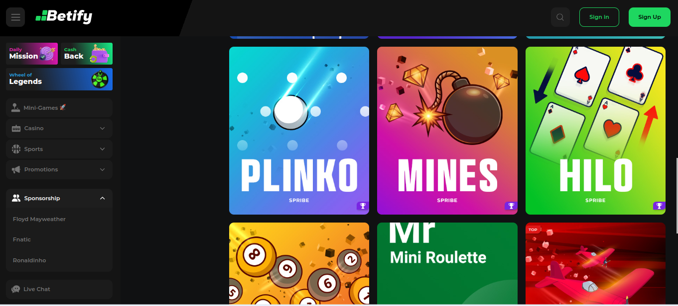 Betify mini-games area with Plinko, Mines and Hilo