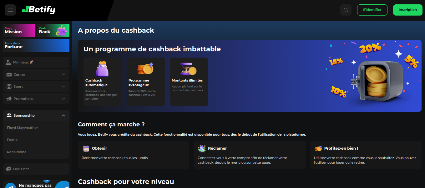 Betify cashback page explaining the weekly refund by level