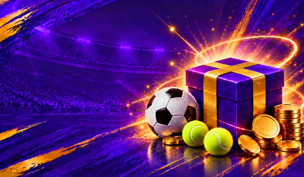 Just4win legit sportsbook review: sign up, real money and bonus, gift box with football, tennis ball and coins