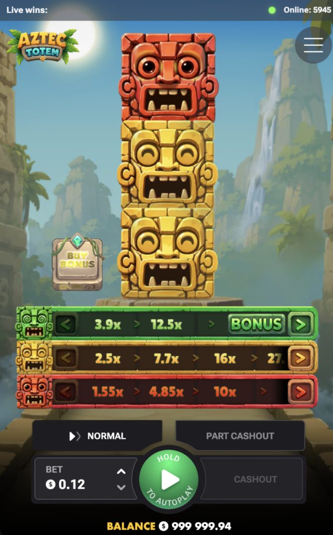 Aztec Totem in portrait mode on a phone with Cashout and Part Cashout buttons