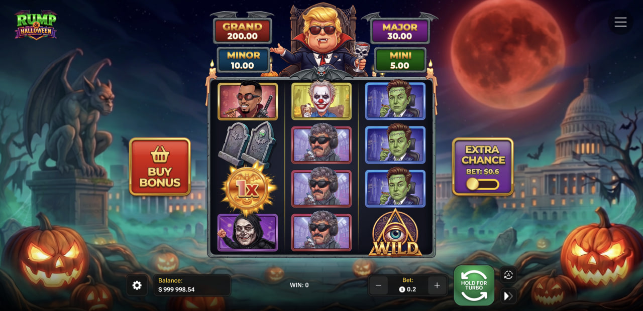 Rump & Halloween main grid with RUMP COINS, the four jackpots and the Extra Chance switch