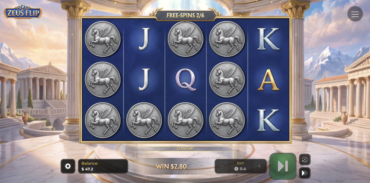 Free spins on Zeus Flip with Pegasus coins landing during a Coin Flip