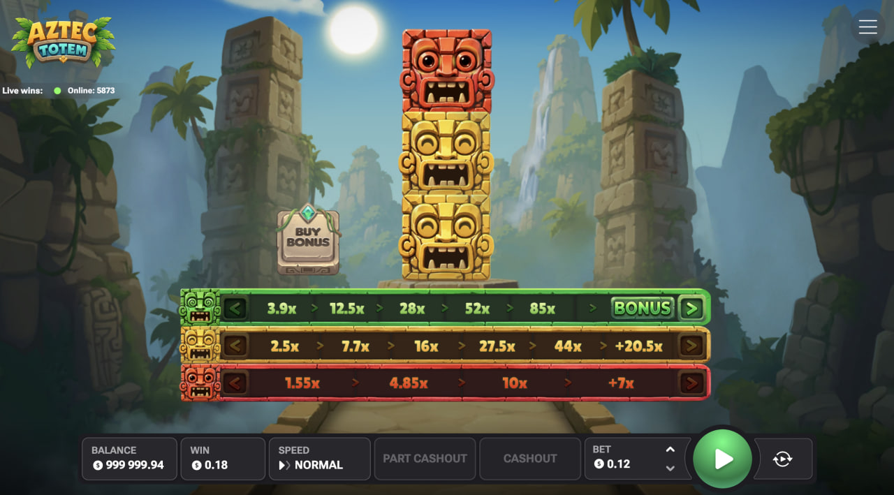 Aztec Totem desktop game with the totem in the centre and three multiplier lines