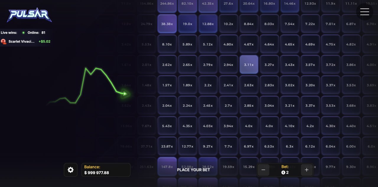 Pulsar review, casino game, free demo and real money: neon grid with multipliers